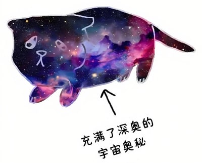 一张创意插画，主体是一只猫咪的剪影轮廓，内部填充了绚丽多彩的星空宇宙图案，包含紫色、蓝色和粉色的星云以及闪烁的星星。猫咪的面部用简单的白色线条勾勒出眼睛和嘴巴，呈现出一种平静的表情。图片下方有一个黑色箭头指向猫咪，旁边配有文字'充满了深奥的宇宙奥秘'，暗示猫咪内部蕴含着宇宙的神秘与未知。整体风格梦幻唯美，将可爱的猫咪形象与浩瀚的宇宙星空巧妙结合。
