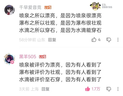 这是一张哔哩哔哩评论区的静态截图，共展示两条网友发布的评论内容。第一条来自LV5用户“千早爱音竞”，内容为三句同义反复的废话文学表述，用循环论证的方式说明喷泉漂亮、瀑布壮观、水滴穿石的原因就是其本身的属性；第二条是LV6用户“黑羊505”的高赞回复，仿照前者的句式结构进行反讽创作，提出这些事物获得对应的评价本质是因为有人观测到了，这条回复收获了1.7万点赞，两条评论形成了颇具笑点的玩梗呼应。