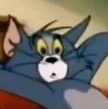 图片中是经典卡通《猫和老鼠》中的主角汤姆猫，呈现出夸张的惊讶表情。汤姆的眼睛瞪得滚圆，瞳孔放大，嘴巴微张呈O形，耳朵向后竖起，面部肌肉紧绷，展现出典型的动画式夸张反应。画面为角色面部特写，背景模糊，突出其强烈的情绪状态。