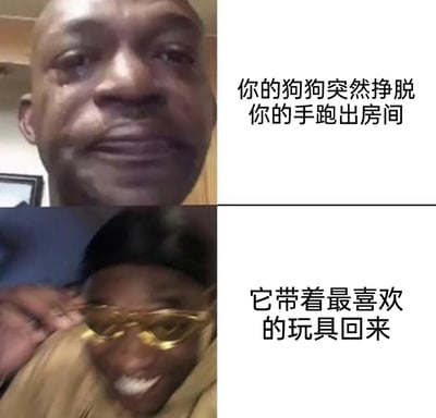 这是一张上下分栏的对比式图文meme，上半部分展示了一位眼含泪水、面露悲伤的黑人男性，搭配配文“你的狗狗突然挣脱你的手跑出房间”，表现出主人发现狗狗跑走时的担忧与难过；下半部分则是一位戴着金色搞怪眼镜、表情兴奋开心的黑人男性，搭配配文“它带着最喜欢的玩具回来”，表现出主人看到狗狗带回玩具时的惊喜与愉悦，生动还原了养狗过程中先忧后喜的有趣情绪反转瞬间，戳中了宠物主人的日常共鸣点。