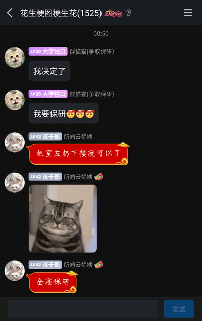 这是一张QQ群聊的静态截图，群名称为“花生梗图梗生花(1525)”，群成员“群猫猫(争取保研)”（等级LV28，头衔“大学牲口”）在群内先后发送“我决定了”“我要保研😠😠😠”，表达自己要保研的决心；随后群成员“夜千影”（等级LV42，头衔“所向云梦端”）以玩梗的方式回应，先发送“把室友扔下楼就可以了”，接着发出一张表情眯起、神态搞怪的猫咪表情包，最后补充“全寝保研”，用荒诞夸张的玩笑来调侃保研话题，是大学生群体中围绕学业竞争的趣味玩梗，通过不合理的搞笑说法制造笑点，反映出学生对保研压力的调侃心态。