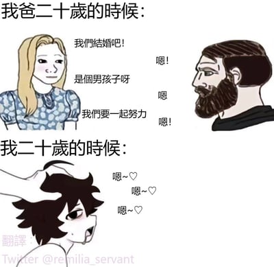这是一张上下结构的对比类搞笑梗图，分为两个部分：上半部分主题为「我爸二十岁的时候」，左侧的金发女性依次对右侧的大胡子男性说出结婚、怀了男孩、要一起奋斗的规划，男性都仅以简短的「嗯」回应，显得稳重可靠有担当；下半部分主题为「我二十岁的时候」，炸毛的年轻男性被人摸头时，接连发出带爱心符号的软萌「嗯~」回应，和上半部分父辈的状态形成极强反差，用夸张的手法调侃当代年轻人相较于父辈心智成熟更晚，也带有对软萌撒娇状态的玩梗效果。