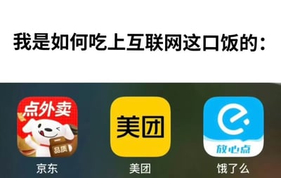 图片上方配有文字'我是如何吃上互联网这口饭的：'，下方并列展示三个外卖App图标，从左到右分别是京东的'点外卖'（红色背景，卡通狗形象）、美团（黄色背景，黑色文字）、饿了么的'放心点'（蓝色背景，白色e图标）。通过双关语'吃上互联网这口饭'幽默表达现代人依赖互联网外卖服务解决用餐需求的生活状态，将'互联网行业工作'的字面意义转化为'通过互联网点外卖吃饭'的诙谐解读。