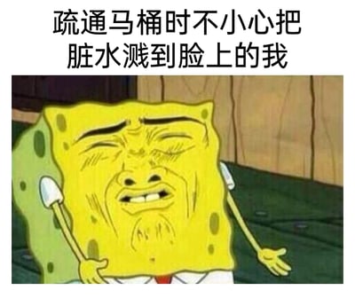 这是一张经过二次创作的表情包，图片上方配有中文文字“疏通马桶时不小心把脏水溅到脸上的我”，下方是被修改的卡通角色海绵宝宝：它的面部被替换成了眉头紧皱、双眼紧闭、面部扭曲的人类痛苦表情，嘴角下撇，露出生无可恋的神态，同时双手摊开，呈现出无力接受现状的姿态。整张图通过夸张的视觉效果，生动形象地还原了人们在生活中遇到这种尴尬、糟心的倒霉事时的崩溃与无奈，放大了这种社死又难受的情绪。
