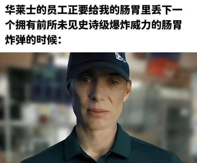 图片上半部分为黑色加粗文字：“华莱士的员工正要给我的肠胃里丢下一个拥有前所未有史诗级爆炸威力的肠胃炸弹的时候：”，下半部分是一位戴着深色帽子、身穿墨绿色 Polo 衫的男性，表情严肃地直视前方，背景模糊疑似餐厅后厨环境。整体通过夸张的文字描述与人物严肃的表情形成幽默对比，调侃华莱士食品可能对肠胃产生的“刺激”效果。