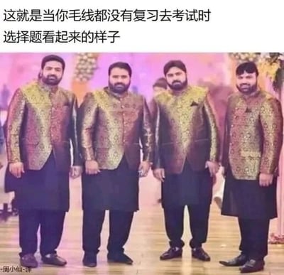 这是一张文字加注的照片改图，图中展示了四位穿着同款华丽传统服饰、长相极为相似的男性并排站立，表情严肃。上方配文“这就是当你毛线都没有复习去考试时选择题看起来的样子”，用四个难以区分的人物来比喻学生在完全没复习的情况下看选择题时，四个选项看起来都一样、无法分辨正确答案的窘迫状态，生动形象地调侃了没复习就参加考试的尴尬心态，能引发广大学生群体的共鸣。