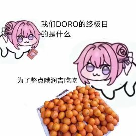 图片中展示了两个粉色四足动物形象的Doro角色，均带有粉色头发和花朵发饰。左侧Doro头部旁有对话框写着“我们DORO的终极目的是什么”，右侧Doro则回应“为了整点哦润吉吃吃”，下方是一整盒橙色的哦润吉（橘子）。整体画面通过呆萌的角色形象和直白的对话，体现了Doro文化中以“哦润吉”为核心的轻松幽默特质。