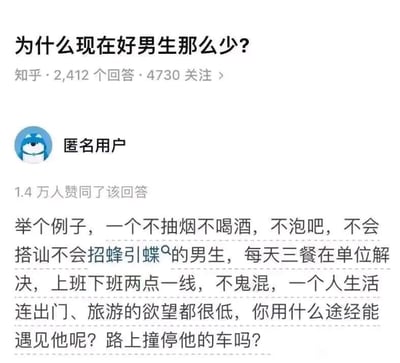 这是一张知乎问题及回答的截图，问题为'为什么现在好男生那么少?'，显示有2412个回答和4730人关注。下方是匿名用户的高赞回答（1.4万人赞同），内容描述了一个生活规律、社交圈简单的男生形象——不抽烟喝酒、不泡吧、两点一线、低社交欲望，并反问'你用什么途径能遇见他呢？路上撞停他的车吗？'，以此调侃当下社交中难以遇见这类男生的困境。