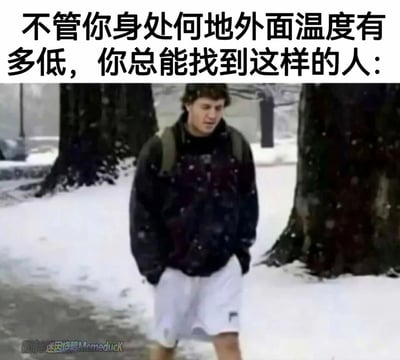 这是一张带有搞笑属性的图文梗图，上方配有中文文案“不管你身处何地外面温度有多低，你总能找到这样的人：”，图中展示了一个下雪天的户外场景，地面和树木底部都覆盖着积雪，环境看起来十分寒冷。一名男子上身穿着厚实的深色外套，下身却搭配了一条轻薄的白色短裤，双手插在衣兜里，神态瑟缩地走在积雪的路面上，这种厚重上衣与单薄下装的强烈反差，和寒冷环境形成鲜明对比，精准调侃了现实中那些在严寒天气里依然坚持穿短裤的人群，用夸张的穿搭反差制造出幽默效果，引发网友对这类常见现象的共鸣。