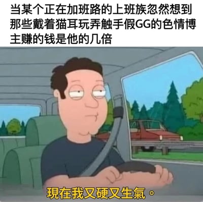 这张梗图使用了《Family Guy》动画中Peter Griffin的截图，他坐在车内，表情呆滞又略带愤怒。图片上方配有文字："当某个正在加班路的上班族忽然想到那些戴着猫耳玩弄触手假GG的色情博主赚的钱是他的几倍"，下方文字则是："现在我又硬又生气。" 图片通过对比辛苦加班的上班族与色情博主的收入差距，制造黑色幽默效果。

双关语说明：图中"现在我又硬又生气"存在双关含义，既指生理上的勃起，也指愤怒的情绪状态，形成低俗幽默。