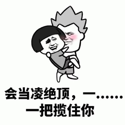 这是一张黑白卡通风格的梗图，画面中有两个卡通人物：右侧灰头发、头发呈尖刺状的角色面带红晕，双手紧紧抱住左侧黑头发、咧嘴大笑的角色。图片下方配有文字“会当凌绝顶，一……一把揽住你”，改编自杜甫《望岳》中的经典诗句“会当凌绝顶，一览众山小”，通过谐音和语义替换，将原本描绘登高望远的豪情转化为亲密的拥抱场景，营造出幽默又略带甜蜜的效果。