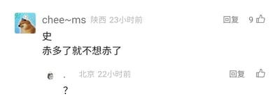 这是一张社交媒体评论区的静态截图，展示了两条用户评论：第一条是来自陕西的用户“chee~ms”（头像是戴着小装饰的网络流行柴犬表情包）发布的内容，文字为“史 赤多了就不想赤了”，其中运用了谐音梗，用“史”替代“屎”、“赤”替代“吃”，隐晦表达低俗玩笑，该评论获得了9个点赞；第二条是来自北京的匿名用户（头像是闹钟图标）发布的单个问号“？”，传递出对前一条评论的疑惑、不解情绪。