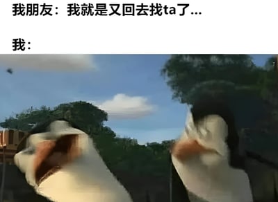 图片上半部分为文字内容：“我朋友：我就是又回去找ta了...”和“我：”，下半部分是一张模糊的自然场景图，背景有蓝天、白云和树木，前景似乎有模糊的物体轮廓，整体通过文字与图像结合，幽默地表达了听到朋友再次回到前任身边时的复杂反应，带有调侃和无奈的意味。
