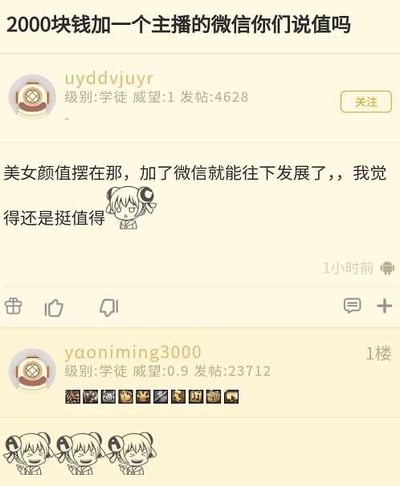 这是一张社交媒体论坛截图，主题讨论“花2000元添加主播微信是否值得”。截图中显示了主贴标题和两条用户评论：用户“uyddvjuyr”认为美女颜值高，加微信后有发展可能，觉得值得，并配有一个卡通女孩头像；用户“yaoniming3000”则用多个钻石emoji和三个卡通头像回复。界面包含用户等级、威望、发帖数等信息，整体为典型的论坛讨论场景。