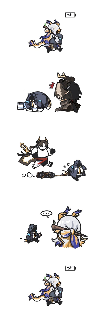 这是一组基于手游《明日方舟》的Q版同人连环漫画，共四格，描绘了干员们的干饭日常：
1. 干员令背着树枝，在饭点率先开心地跑去干饭，右上角的餐具图标点明主题；
2. 博士还在埋头赶文件，干员老鲤带着不满的神情看着赶工的博士；
3. 干员重岳拖着大剑，用绳子拽着博士飞速跑去干饭，博士被拖得狼狈不堪；
4. 令返回后，看到蹲在地上喘气的博士，博士发出无语的“...”气泡；
最后一格令又转身继续跑去干饭，延续干饭的急切感，整体充满轻松搞笑的反差感。