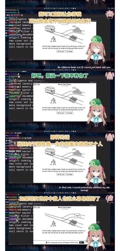 这是一组由四格画面组成的直播截图连环图，围绕经典伦理学思想实验“电车难题”展开趣味对话。第一格中，头戴绿色青蛙头饰的虚拟主播表示，若自己是被他人供养的状态，会毫不犹豫拉动电车拉杆；第二格以文字假设“不养主播了”，画面同步展示电车难题的标准图示：拉杆可改变电车轨道，一条轨道绑1人，另一条绑5人；第三格主播回应，这种情况下自己愿意牺牲一生积蓄来拯救五个人；第四格主播感慨“如果现实世界中救人也这么容易就好了”，背景始终是带有观众弹幕的直播界面，整体氛围轻松，将严肃的思想实验转化为趣味互动内容。
