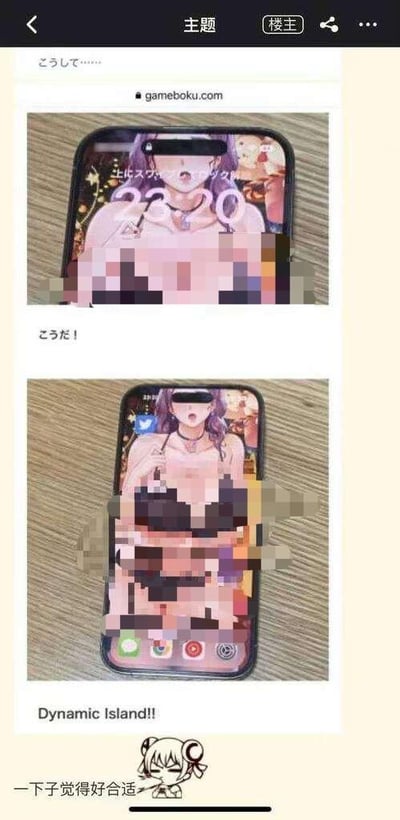 这张图片展示了一个社交媒体截图，内容是两张手机照片的对比。上方图片显示一部手机，其壁纸是一位紫色头发的动漫女性角色，手机的灵动岛(Dynamic Island)正好位于角色的颈部位置。下方图片则展示了另一部手机，同样使用该动漫角色作为壁纸，但角色的手部位置经过调整，看起来像是正拿着灵动岛部位。图片中包含日文文字"こうだ！"和英文"Dynamic Island!!"，底部还有中文文字"一下子觉得好合适"，表达了对这种壁纸与灵动岛设计意外契合的赞叹。