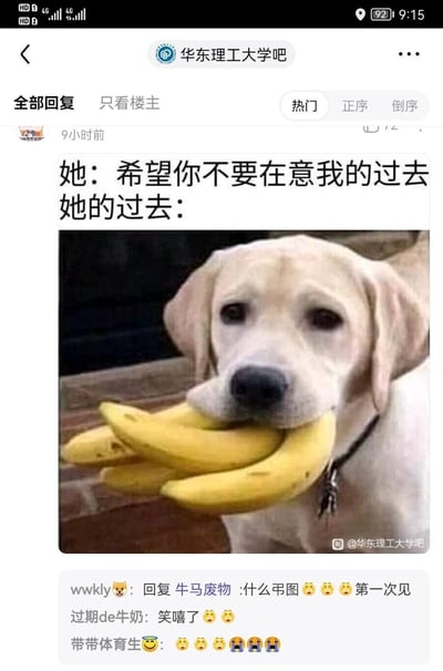 这是一张来自百度贴吧华东理工大学吧的社交媒体截图，内容为一个搞笑谐音梗图。梗图上方配文“她：希望你不要在意我的过去 她的过去：”，下方是一只表情无辜的拉布拉多犬，嘴里叼着多根香蕉，利用“叼蕉”谐音“叼交”，暗示该女生过去感情经历复杂，以此制造荒诞搞笑的效果。帖子发布9小时后，已有吧友评论互动，比如用户“wwkly”评论“什么弔图 😭😭😭 第一次见”，用户“过期de牛奶”评论“笑嘻了 😭😭”，用户“带带体育生”也发了哭笑表情，体现出大家对这个梗图的调侃与好笑的反应。