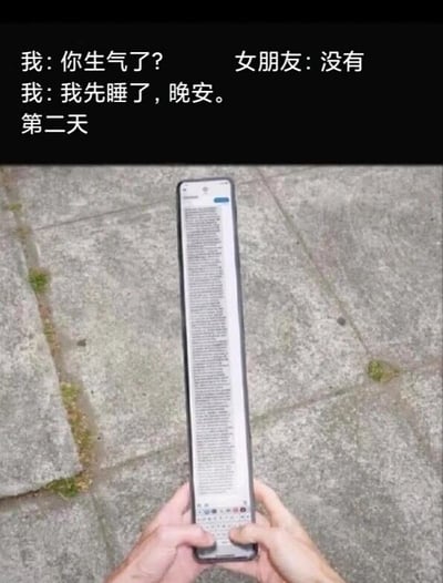 这是一张图文混排的搞笑梗图，采用上下结构呈现内容。上方是模拟情侣间的文字对话：“我”询问女朋友是否生气，女朋友回复“没有”，随后“我”表示要先睡觉并道晚安；下方是经过P图改编的画面，一双手握着被修改成夸张超长形态的手机，手机屏幕上显示着密密麻麻的大段文字，结合上方的对话，暗示女朋友其实当时已经生气，只是没有直接表现出来，第二天用超长的消息来宣泄不满。这张图用夸张的P图手法，放大了情侣间常见的“口是心非”的相处场景，精准戳中情侣相处中的趣味矛盾点，制造出幽默搞笑的效果。
