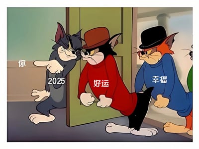 这是一张改编自动画片《猫和老鼠》的新年祝福梗图。画面中三只不同颜色的汤姆猫正用力推开门，准备进入新的空间。左边灰色的汤姆猫身上标注着“2025”，并指向观图者标注“你”，中间红色汤姆猫标有“好运”，右边蓝色汤姆猫标有“幸福”。整幅图通过汤姆猫推门的经典场景，寓意着2025年好运和幸福将向你奔涌而来。