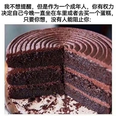 图片上方是一段鼓励成年人自我关怀的文字："我不想提醒，但是作为一个成年人，你有权力决定自己今晚一直坐在车里或者去买一个蛋糕，只要你想，没有人能阻止你:"。下方是一张特写的巧克力蛋糕照片，蛋糕表面有波浪形花纹，已经被切开一块，露出多层巧克力蛋糕体和奶油夹层，蛋糕屑散落在底部托盘上。整体传达出成年人有权选择让自己快乐的小事情的积极生活态度。