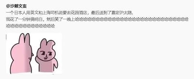 这是一张微博社交媒体截图，属于图文混排的搞笑梗图。图中上方是@沙雕文案发布的段子：一个日本人用英文说要去“Garden Hotel（花园酒店）”，上海司机却将其听成了“嘉定沪太路”，于是把日本人送到了错误的地点。这是一个上海话的谐音梗，“Garden”和“嘉定”发音相近，“Hotel”和“沪太”发音也十分接近，因此造成了这个乌龙趣事。发布者表示自己花了一分钟才get到梗，笑了一晚上。图中下方配有两个粉色兔子的表情包，左侧兔子侧头，露出疑惑的神情，右侧兔子则是一副了然的表情，呼应了理解到谐音梗后的反应。
