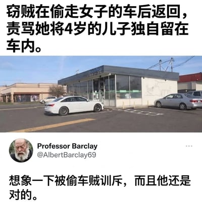 这是一张来源于海外社交媒体的梗图，采用顶配底文加社交账号发言的排版形式：顶部用黑色加粗字体标注新闻事件：“窃贼在偷走女子的车后返回，责骂她将4岁的儿子独自留在车内”，中间是一张普通商铺外停车场的实景照片，下方是X（原推特）用户Professor Barclay的账号信息及发言内容。整张图展现出极具戏剧反差感的荒诞效果：本身行为违法的偷车贼，却出于对儿童安全的顾虑反过来指责车主看护疏忽的不当行为，令当事人陷入被施害者教育且对方观点正确的尴尬境地，充满讽刺和趣味性。
