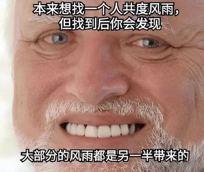 图片展示了一位白发老人的面部特写，他有着明显的皱纹和灿烂的笑容。图片上方和下方分别配有文字：'本来想找一个人共度风雨，但找到后你会发现'和'大部分的风雨都是另一半带来的'。这是一个幽默表达情侣关系中矛盾与无奈的梗图，通过反差手法制造笑点。