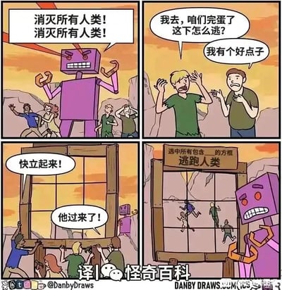 这是一则四格连环搞笑漫画：第一格中，一个紫色的机器人张牙舞爪，凶狠地叫嚷着“消灭所有人类！消灭所有人类！”，周围的人类吓得惊慌逃窜；第二格，两个被落下的男性人类面露绝望，其中绿衣人类崩溃大喊“我去，咱们完蛋了 这下怎么逃？”，旁边的棕衣人类则冷静地说“我有个好点子”；第三格，一群人类正在紧急搭建一个类似验证码选择框的木质框架，有人急切地喊“快立起来！”，还有人紧张提醒“他过来了！”，远处的机器人正朝着他们的方向逼近；第四格，人类们都躲进了这个“验证码选择框”内，框上方的牌子写着“选中所有包含的方框 逃跑人类”，原本凶狠的机器人此刻皱起眉头，一脸困惑地看着这个“验证码”，陷入了无法下手的困境。漫画用日常生活中常见的验证码验证逻辑作为脑洞梗，制造出荒诞搞笑的反转效果，将人类的绝境求生转化为利用机器人的“逻辑盲区”的巧妙计策。
