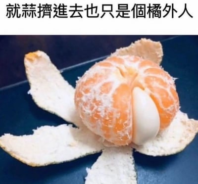 图片展示了一个剥开的橘子，橘子瓣被撑开，中间放置了一瓣大蒜，看起来像是大蒜试图挤入橘子瓣中。图片上方配有文字“就蒜挤进去也只是个橘外人”，利用谐音梗制造幽默效果：“蒜”谐音“算”，“橘外人”谐音“局外人”，表达了即使努力融入某个群体，最终还是像这瓣大蒜一样，依然是个“局外人”的调侃意味。