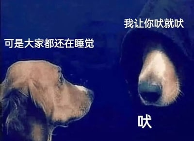 图片中两只狗在深色背景下对峙，左侧棕毛狗面露担忧，配文‘可是大家都还在睡觉’；右侧深色狗表情严肃，配文‘我让你吠就吠’，其嘴部下方另有‘吠’字。整体通过拟人化对话展现一种幽默的命令与犹豫的冲突场景，适合用于轻松调侃的语境。