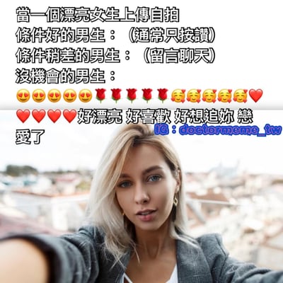 图片上半部分为黑色文字，描述当漂亮女生上传自拍时不同男生的反应：条件好的男生通常只按赞，条件稍差的男生会留言聊天，没机会的男生则会发送大量😍、🌹、😘、❤️等emoji并评论“好漂亮 好喜欢 好想追你 恋爱了”。下半部分是一位金发女性在城市背景下自拍的照片，她穿着灰色外套，表情自然，正举着手机拍摄自己。