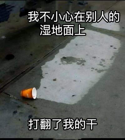 图片展示了一个意外场景：一只橙色纸杯倒在地面上，液体已经蔓延开来形成一大片水渍。图片上方和下方配有文字："我不小心在别人的湿地面上打翻了我的干"。这句话制造了一种幽默的矛盾感，暗示在已经湿滑的地面上又增添了新的液体污渍，可能是在调侃生活中的小意外或尴尬时刻。