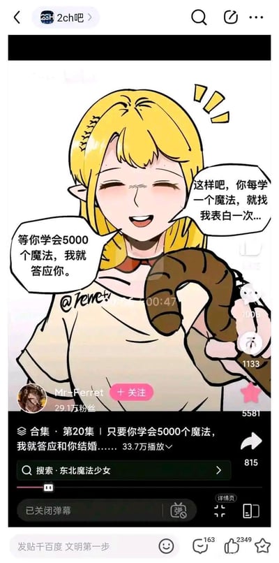 这是哔哩哔哩UP主Mr-Ferret原创动画的视频截图，画面中是一位金发精灵女孩，她面带戏谑的笑容，对追求者提出要求：每学会一个魔法就要表白一次，等学会5000个魔法就答应对方的求婚。5000个魔法的数量庞大，实则是用看似给机会的方式委婉拒绝，结合视频关联的“东北魔法少女”标签，整体是带有搞笑玩梗风格的短动画内容，截图来自百度贴吧2ch吧的分享页面。