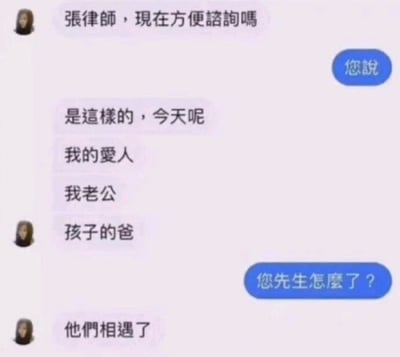 这是一段充满反转趣味的聊天记录截图，内容是一名用户向张律师咨询问题，用户先是用“我的爱人”“我老公”“孩子的爸”三个称呼来描述相关人员，让律师误以为这些称呼指代的是同一个人，当律师询问具体情况时，用户回复“他们相遇了”，此时才揭晓这三个称呼其实指代的是不同的人，也就是用户同时拥有多名伴侣，现在这些人碰面了，制造出戏剧性的搞笑反转效果，属于网络上流行的趣味段子类聊天截图。