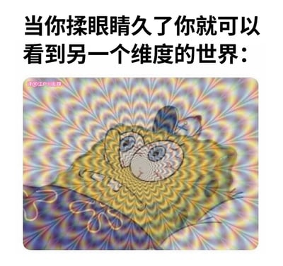 图片上方配有黑色文字“当你揉眼睛久了你就可以看到另一个维度的世界：”，下方是一张色彩斑斓、充满放射状漩涡和波浪纹理的 psychedelic 风格图像，中心隐约可见类似扭曲面部的图案，整体营造出一种荒诞又搞笑的“异世界视觉”效果。这是对揉眼睛后产生暂时性视觉扭曲现象的幽默夸张演绎，没有双关或谐音梗，纯粹通过反差感制造笑点。