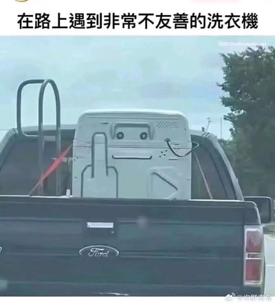 这张图片记录了路上偶遇的趣味场景：一辆黑色福特皮卡的后斗中，用红色绑带固定着一台竖立的洗衣机。洗衣机的背面结构恰好形成了类似人脸的轮廓，两个圆形部件像瞪大的眼睛，整体看起来表情严肃，搭配图片上方的文字“在路上遇到非常不友善的洗衣機”，将普通的洗衣机拟人化，营造出诙谐有趣的效果。背景能看到路边的树木和天空，是日常道路上的真实拍摄场景，充满生活中的小趣味。
