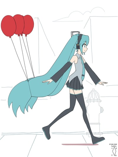 这是一幅原创风格化卡通插画，画面核心是虚拟歌姬初音未来：她标志性的蓝绿色长发被系上了四只红色气球，气球的拉力让长发向上飘起，仿佛要带着她向前。初音面带微笑，正走在简约线稿绘制的城市步道上，背景有消防栓和云朵的线稿元素，整体氛围轻松可爱，是对初音未来形象的创意改编，无谐音梗或双关内容。