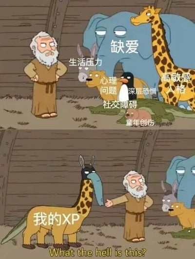这是一张改编自诺亚方舟故事的搞笑梗图，分为上下两部分。上半部分中，诺亚站在方舟里，周围是各种被贴上心理问题标签的动物：大象(缺爱)、长颈鹿(高敏感人格)、驴(生活压力)、狮子(心理问题)、企鹅(深层恐惧)、小动物(社交障碍)和另一只小动物(童年创伤)。下半部分则展示了一个奇怪的混合动物，有着长颈鹿的脖子和斑马的身体，被贴上