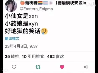 这是一张X平台（原推特）的用户推文截图，用户@Eastern_Enigma（昵称葡桃糖，账号带有彩虹旗与跨性别旗帜标识）发布了一条带有冒犯性的地狱笑话：将“小仙女”对应贬义缩写xxn，“小药娘”对应贬义缩写xyn，并配文“好地狱的笑话”与难过表情。地狱笑话通常指以冒犯、敏感群体为笑点的不适类玩笑，这里的缩写带有对特定群体的贬义指向，引发不适。
