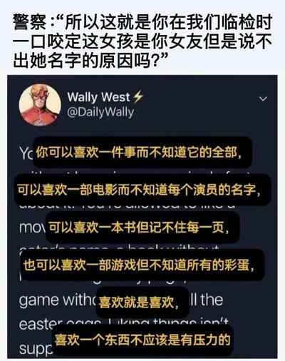 这是一张经过二次创作的搞笑梗图，整体由上方的警察提问文字和下方的模仿DC漫画角色沃利·韦斯特的X平台（原推特）截图拼接而成。警察的提问指向一个荒诞场景：某人在临检时坚称身边女孩是自己女友，却无法说出对方的名字；下方的账号以沃利·韦斯特的名义发布了一段看似有理的言论，将“喜欢事物不需要知晓全部”的逻辑偷换套用到对人的认知上，试图为叫不出“女友”名字的行为辩解，通过偷换概念制造出荒诞滑稽的反差感，是典型的网络搞笑段子改编。