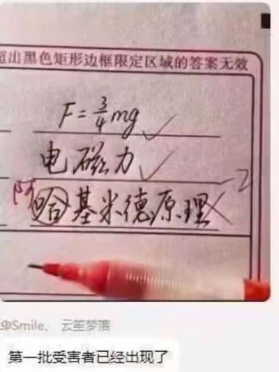 图片展示了一张考试答题纸，上方有“超出黑色矩形边框限定区域的答案无效”的提示文字。答题区域内有三行手写答案：第一行公式“F=3/4mg”被打勾；第二行“电磁力”同样打勾；第三行“阿基米德原理”被红笔圈出并划上斜线。答题纸右下角放置着一支红色的笔。图片底部有“第一批受害者已经出现了”的文字，幽默调侃学生在考试中答错知识点的情况，尤其是错误引用阿基米德原理的场景。