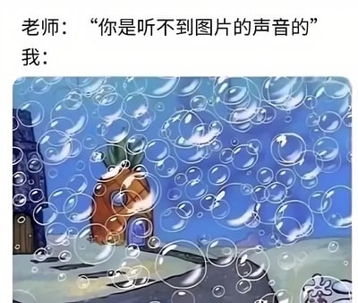 图片上方为文字对话，老师说“你是听不到图片的声音的”，下方“我：”后接一张《海绵宝宝》动画截图。截图中是海绵宝宝的菠萝形状房子，周围布满了透明的气泡，背景为蓝色天空和地面。该梗图通过老师的“图片无声论”与观众看到气泡和菠萝屋时本能联想到的动画中气泡破裂、海绵宝宝生活场景的声音形成幽默对比，展现了经典画面带来的“有声”联想。