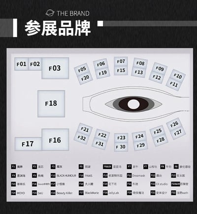 这是一张展会参展品牌的展位布局图，顶部标有“THE BRAND”和“参展品牌”字样。中间主体部分为展位分布图，多个标有F01至F32编号的展位框围绕一个抽象的眼睛形状图案排列，形成类似眼部轮廓的布局设计。底部则详细列出了每个展位编号对应的品牌名称，如F1对应“渡鸦”、F2对应“流芯”、F3对应“魔族”等，整体用于展示展会各品牌的具体展位位置。