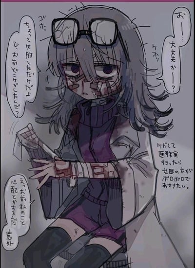 这是一张日系手绘二次元插画，画面主体是一位穿着实验服的少女，她脸上、手上都带着伤痕和绷带，眼镜也有裂痕，看起来十分疲惫。周围的对白气泡展现了她和旁人的对话：旁人关切地询问她的状况，她嘴硬说只是小失误，还意外对方会担心自己；同时画面右侧还有提示文字，告知受伤可以去医务室找女医生拿药膏。整体氛围带着疲惫又有点暖心的感觉，少女强装镇定的样子很让人心疼。