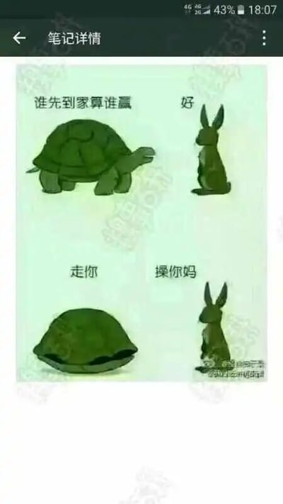 这是一张改编自经典寓言《龟兔赛跑》的搞笑梗图，采用上下分栏的连环图形式呈现。上半部分中，乌龟向兔子发起比赛邀约：“谁先到家算谁赢”，兔子回应“好”；下半部分里，乌龟喊出“走你”后立刻缩入自己的龟壳中——由于龟壳本身就是乌龟的“家”，乌龟瞬间完成“到家”的目标，直接赢得了比赛。兔子发现自己被钻了规则的空子后，气急败坏地说出粗俗脏话“操你妈”，这句脏话同时谐音“草泥马”，进一步放大了荒诞搞笑的效果。整张图通过利用乌龟的身体结构设定制造规则漏洞，讽刺了钻空子的行为，同时用粗俗话语和兔子的愤怒形成反差，打造出无厘头的喜剧感。