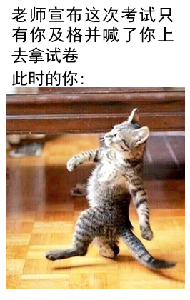 图片上方文字描述了一个校园场景：老师宣布本次考试只有你及格，并喊你上台拿试卷。下方配图是一只灰色条纹猫，它后腿站立在木地板上，前腿微微抬起，头部向上仰望，身体呈现出一种略显僵硬又努力保持平衡的姿态，形象地模拟了学生在全班注视下被老师点名上台时，那种既尴尬又紧张、想逃又不得不上前的微妙状态，通过动物的可爱动作与场景形成幽默反差。