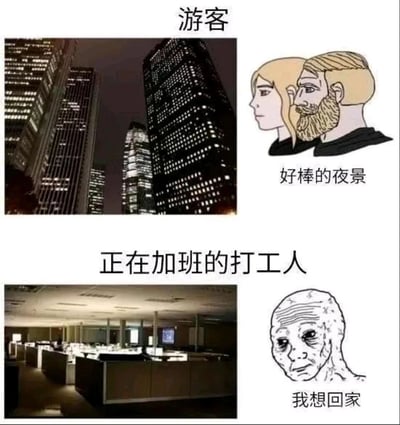 这是一张采用上下对比形式的网络梗图，上半部分呈现的是游客视角：夜晚城市里亮着灯光的摩天大楼，在游客眼中是值得赞叹的美丽夜景，搭配的插画是一对神情愉悦的男女，配文“好棒的夜景”；下半部分是正在加班的打工人视角：空旷的办公室里只有少数灯光亮着，打工人被困在其中，搭配的插画是满脸疲惫、尽显沧桑的人物，配文“我想回家”。整幅图通过两种身份人群对同一种城市景象的截然不同的感受，生动调侃了职场加班的辛苦，精准戳中打工人的痛点，引发强烈共鸣。