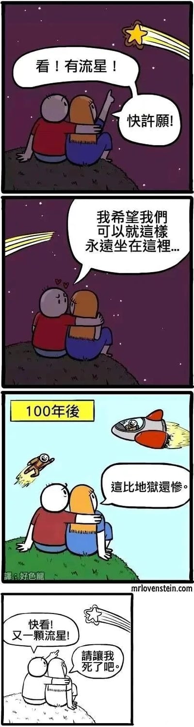这是一则四格连环卡通漫画，以黑色幽默的反套路风格呈现剧情：
第一格：夜晚户外场景中，一对卡通情侣并肩而坐，女生兴奋地指向天空划过的流星，对男生喊道“看！有流星！快许愿！”；
第二格：男生温柔地抱着女生，满脸幸福地许愿“我希望我们可以就这样永远坐在这里...”，两人脸上泛起红晕，氛围浪漫；
第三格：画面标注“100年后”，场景变为白天，这对情侣依旧保持坐着的姿势，脸色苍白、神情麻木，天空中飞过宇航员和火箭，女生看着眼前的一切吐槽“这比地狱还惨”，原本浪漫的许愿成真后，变成了永恒无法动弹的折磨；
第四格：两人再次看到流星划过，女生指着流星说“快看！又一颗流星！”，男生则彻底崩溃，绝望地许愿“请让我死了吧。”
漫画通过愿望成真后的反向悲剧效果制造强烈反差，用荒诞剧情讽刺不切实际的浪漫幻想，带来黑色幽默的笑点。