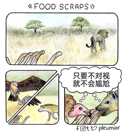 这是一幅标题为《FOOD SCRAPS》（剩饭残渣）的三格连环卡通漫画，场景设定在非洲草原。第一格展示狮子进食完毕后离开，只留下一具动物骨架；第二格分为两部分，左侧呈现秃鹫和鬣狗同时发现骨架并靠近的画面，右侧则是两者凑在骨架旁准备进食的特写，秃鹫的想法气泡中写着“只要不对视就不会尴尬”。漫画采用拟人化手法，将人类在社交场合中避免尴尬的心态赋予食腐动物，通过反差感制造幽默效果，调侃了那种不想和同类“撞资源”时的社死心理。